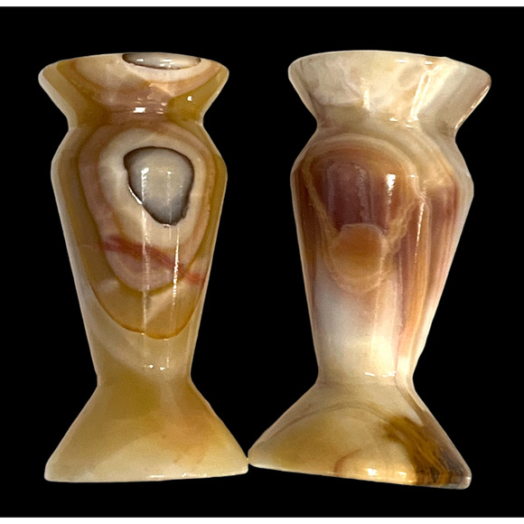 VTG Set (2) MARBLE CANDLE HOLDERS Onyx Stone Cream Brown Taper Candlesticks EXC! - Picture 2 of 5